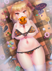 Rule 34 | 1girl, alternate breast size, apple, bell pepper, between breasts, bikini, blonde hair, boned meat, breasts, cake, cake slice, candy, checkered bikini, checkered clothes, cherry, cleavage, condom, condom wrapper, curvy, doughnut, doyouwantto, english text, fang, female focus, food, frilled bikini, frills, front-tie bikini top, front-tie top, fruit, hair ribbon, hair rings, halloween, huge breasts, jack-o&#039;-lantern, jelly bean, large breasts, legs together, lollipop, looking at viewer, lying, macaron, meat, navel, necktie, necktie between breasts, on back, open mouth, pepper, plaid, red eyes, red necktie, ribbon, rumia, shiny skin, short hair, skindentation, solo, strawberry, swimsuit, thick thighs, thighhighs, thighs, touhou, trick or treat, tsurime, underboob, white thighhighs, wide hips