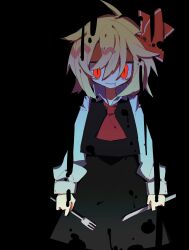 Rule 34 | absurdres, black background, black skirt, black vest, blonde hair, collared shirt, darkness, drooling, fork, glowing, glowing eyes, hair between eyes, hair ribbon, highres, holding, holding fork, holding knife, knife, long sleeves, medium hair, mouth drool, neckerchief, red eyes, red neckerchief, red ribbon, ribbon, rumia, saliva, shaded face, shirt, simple background, skirt, sleeves past wrists, slit pupils, smile, so happy 64, spiked hair, teeth, touhou, vest, white shirt