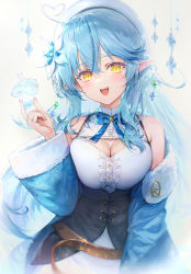 Rule 34 | 1girl, ahoge, bare shoulders, belt, beret, black corset, blouse, blue bow, blue bowtie, blue coat, blue hair, blush, bow, bowtie, braid, breasts, brown belt, center frills, cleavage, cleavage cutout, clothing cutout, coat, colored tips, commentary request, corset, daifuku (yukihana lamy), elf, flower, frilled shirt, frills, fur-trimmed coat, fur trim, hair between eyes, hair flower, hair ornament, half updo, hand up, haoni, hat, head tilt, heart, heart ahoge, highres, hololive, large breasts, leather belt, long hair, looking at viewer, multicolored hair, off shoulder, open mouth, pointy ears, revision, shirt, sleeveless, sleeveless shirt, smile, snowflake hair ornament, snowflake print, solo, streaked hair, underbust, very long hair, virtual youtuber, white hat, white shirt, yellow eyes, yukihana lamy, yukimin (yukihana lamy)