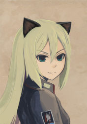 Rule 34 | 1girl, animal ears, aqua eyes, bad id, bad pixiv id, blonde hair, blush, cat ears, heinrike prinzessin zu sayn-wittgenstein, imochitan, imotitan, light smile, long hair, looking at viewer, looking back, military, military uniform, noble witches, solo, strike witches, uniform, upper body, world witches series
