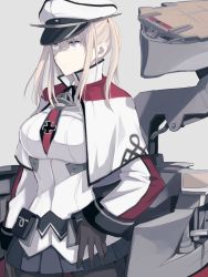 Rule 34 | 1girl, anchor, black gloves, black pantyhose, blue eyes, breasts, capelet, contrapposto, cowboy shot, gloves, hand on own hip, kantai collection, long sleeves, looking away, machinery, man naka, miniskirt, necktie, pantyhose, pleated skirt, skirt, solo, standing, twintails, white hair, white uniform