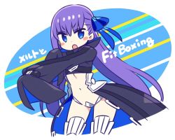 Rule 34 | &gt;:o, blue eyes, blush, boots, chan co, cropped jacket, crotch plate, fate/grand order, fate (series), flat chest, hair ribbon, long hair, long sleeves, looking at viewer, meltryllis (fate), purple hair, revealing clothes, ribbon, simple background, solo, stomach, thigh boots, thighhighs, thighs, v-shaped eyebrows