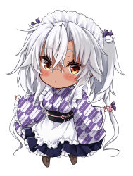 Rule 34 | 1girl, absurdres, alternate costume, apron, blush, boots, brown footwear, enmaided, frilled apron, frilled sleeves, frills, full body, glasses, grey hair, hair between eyes, highres, japanese clothes, kantai collection, kimono, long hair, long sleeves, maid, maid apron, maid headdress, mashiro yukiya, musashi (kancolle), parted lips, red eyes, simple background, solo, two side up, wa maid, white apron, white background, wide sleeves