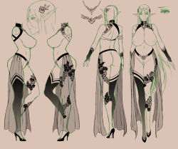 Rule 34 | 1girl, ass, back, backless outfit, belt, breasts, character sheet, concept art, elf, elieen (usaginagomu), female focus, floral print, full body, gloves, high heels, jewelry, large breasts, lingerie, long hair, monochrome, multiple views, navel, necklace, nipples, pointy ears, portrait, pubic hair, pussy, see-through, sketch, standing, thighhighs, underwear, usagi nagomu