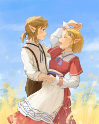 Rule 34 | 1boy, 1girl, absurdres, alternate costume, apron, blonde hair, blue sky, braid, brown pants, closed eyes, closed mouth, crown braid, dress, earrings, highres, jewelry, light brown hair, link, long hair, looking at another, maway, nintendo, open mouth, pants, pointy ears, princess zelda, red dress, shirt, short hair, short ponytail, sky, smile, suspenders, the legend of zelda, the legend of zelda: tears of the kingdom, wheat field, white shirt