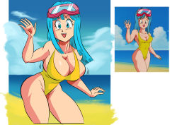 Rule 34 | 1girl, bare shoulders, beach, blue eyes, blue hair, blue sky, bouncing breasts, breasts, casual one-piece swimsuit, cleavage, cloud, curvy, derivative work, diving mask, diving mask on head, dragon ball, dragonball z, funsexydragonball, goggles, goggles on head, happy, highleg, highleg swimsuit, highres, large breasts, long hair, looking at viewer, maron (dragon ball), maron redraw challenge (meme), meme, meme attire, one-piece swimsuit, salute, screenshot redraw, shiny skin, sky, smile, swimsuit, water, wide hips, yellow one-piece swimsuit