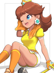 Rule 34 | 1girl, :d, absurdres, belt, belt buckle, blue eyes, breasts, brown hair, buckle, crown, earrings, eyelashes, feet out of frame, floral print, flower earrings, gloves, golf club, gonzarez, highres, holding, holding towel, jewelry, kneehighs, legs, mario (series), mario golf, mario golf: super rush, medium hair, nintendo, one eye closed, open mouth, orange belt, orange footwear, orange gloves, orange socks, orange towel, polo shirt, princess daisy, print shorts, shadow, shirt, shirt tucked in, shoes, short sleeves, shorts, simple background, sitting, small breasts, smile, socks, solo, sweat, tan, tanline, teeth, tomboy, towel, towel around neck, upper teeth only, white background, white shorts, yellow gloves, yellow shirt