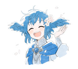 Rule 34 | 1girl, bebe 0620, bird girl, blue dress, blue feathers, blue hair, blue scarf, blush, closed eyes, commentary, cropped torso, dress, eyebrows hidden by hair, falling petals, feathers, final fantasy, final fantasy xiv, flat chest, flower, gem, hair flower, hair ornament, head wings, highres, meteion, open mouth, petals, scarf, short hair, smile, solo, teeth, upper body, white background, white flower, wings