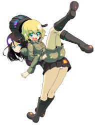 Rule 34 | 10s, 2girls, back-to-back, black footwear, black hat, black skirt, black vest, blonde hair, blue eyes, boots, closed mouth, commentary request, emblem, fang, full body, girls und panzer, green jacket, green jumpsuit, hat, helmet, highres, jacket, jumpsuit, katyusha (girls und panzer), leaning forward, lifting person, locked arms, long hair, long sleeves, looking at viewer, looking back, military, military uniform, miniskirt, multiple girls, nonna (girls und panzer), open mouth, pleated skirt, pravda military uniform, short hair, short jumpsuit, simple background, skirt, smile, standing, sw (taco), tank helmet, uniform, vest, white background