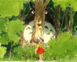 Rule 34 | 1980s (style), 1girl, back, brown hair, bush, child, forest, grass, green theme, hair bobbles, hair ornament, hiding, kusakabe mei, leaning forward, legs together, long hair, looking at another, nature, retro artstyle, outdoors, puffy short sleeves, puffy sleeves, red skirt, retro artstyle, shirt, shoes, short sleeves, skirt, standing, studio ghibli, suspender skirt, suspenders, tonari no totoro, totoro, tree, twintails, white footwear, yellow shirt