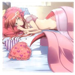 Rule 34 | 1girl, bare shoulders, bed, bed sheet, blanket, curtains, hair ornament, hairclip, heart, highres, lamia, lying, midriff, miia (monster musume), monster girl, monster musume no iru nichijou, on bed, pillow, red hair, slit pupils, smile, solo, window, yellow eyes