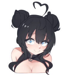 Rule 34 | 1girl, ahoge, aningay, bare shoulders, black dress, black hair, blue eyes, breasts, china dress, chinese clothes, cleavage, cleavage cutout, closed mouth, clothing cutout, cropped torso, double bun, dress, hair between eyes, hair bun, heart, heart ahoge, highres, large breasts, long hair, looking at viewer, original, simple background, sleeveless, sleeveless dress, smile, solo, upper body, white background, wide-eyed
