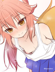 Rule 34 | 1girl, aged down, alternate breast size, animal ears, bare shoulders, bent over, blue skirt, blush, breasts, brown eyes, closed mouth, collarbone, commentary request, downblouse, fate/extra, fate (series), fox ears, fox girl, fox tail, grey background, hair between eyes, haryuu (poetto), highres, long hair, nipple slip, nipples, nose blush, pink hair, pleated skirt, skirt, small breasts, smile, solo, sweat, tail, tamamo (fate), tamamo no mae (fate/extra), tank top, twitter username, white background, white tank top
