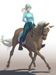 Rule 34 | 1girl, alternate costume, alternate hairstyle, black footwear, blonde hair, blue eyes, boots, breasts, gloves, green gloves, green pants, green shirt, helmet, highres, horse, horseback riding, kantai collection, large breasts, long hair, long sleeves, mole, mole under eye, pants, ponytail, richelieu (kancolle), riding, shingyou (alexander-13), shirt, solo