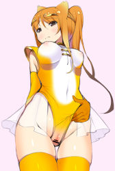 Rule 34 | 10s, 1girl, animal ears, bar censor, bound, breasts, brown eyes, brown theme, cameltoe, censored, covered erect nipples, covered navel, friends, golden snub-nosed monkey (kemono friends), groin, hair ornament, highleg, highleg leotard, kemono friends, kurogoma (haruhi3), large breasts, leotard, leotard pull, long hair, looking at viewer, monkey ears, nipples, orange hair, pink background, ponytail, pussy, see-through, simple background, skirt, sleeveless, solo, standing, thighhighs