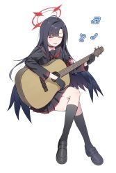 Rule 34 | 1girl, armband, beamed eighth notes, black choker, black footwear, black gloves, black hair, black sailor collar, black serafuku, black socks, black wings, blue archive, blush, choker, closed eyes, eighth note, full body, gloves, guitar, hair ornament, hairclip, halo, highres, holding, holding instrument, ichika (blue archive), instrument, knokzm, long hair, long sleeves, low wings, music, musical note, neckerchief, open mouth, playing instrument, quarter note, red armband, red halo, red neckerchief, safety pin, sailor collar, school uniform, serafuku, shoes, simple background, smile, socks, solo, white background, wings