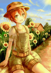 Rule 34 | 10s, 1girl, belt, blush, clouble, flower, green eyes, hoshizora rin, log, looking at viewer, love live!, love live! school idol festival, love live! school idol project, open mouth, overalls, plaid headwear, short hair, short sleeves, shorts, sitting, solo, sunflower