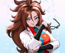 Rule 34 | android 21, blue dress, brown hair, checkered clothes, dragon ball, dragon ball fighterz, dress, earrings, glasses, holding, holding removed eyewear, hoop earrings, jewelry, lab coat, lipstick, long hair, looking at viewer, makeup, pea-bean, red dress, smile, tagme, unworn eyewear