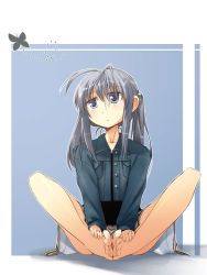 Rule 34 | 1girl, antenna hair, barefoot, bug, butterfly, butterfly sitting, feet, grey eyes, grey hair, hands on feet, bug, jacket, jirou (chekoro), looking away, nekuroma, sitting, soles, solo, toes, twintails