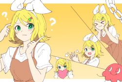 Rule 34 | &gt; &lt;, 1girl, ?, beads, beruna0612, blonde hair, blush, bow, brown dress, confused, dress, closed eyes, hair beads, hair bow, hair ornament, hands on own cheeks, hands on own face, heart, holding, holding heart, index finger raised, kagamine rin, looking at viewer, multiple views, open mouth, own hands together, paper chain, scratching head, shirt, short sleeves, smile, tell me answer (vocaloid), vocaloid, white bow, white shirt, yellow background