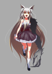 Rule 34 | &gt;:d, 1girl, :d, animal ears, bad id, bad pixiv id, bare legs, bare shoulders, fangs, fur, grey background, long hair, open mouth, original, silver hair, simple background, sleeveless, smile, solo, v-shaped eyebrows, very long hair, yellow eyes, yunori
