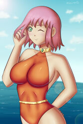 Rule 34 | 1girl, blush, breasts, choker, final fantasy, final fantasy v, green eyes, highres, kaeveris, large breasts, lenna charlotte tycoon, looking at viewer, one eye closed, purple hair, reflection, sky, solo, swimsuit, water