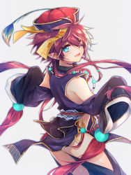 Rule 34 | 1boy, blue eyes, chinese clothes, clothing cutout, fangs, from behind, hair between eyes, hat, highres, jiangshi, leeannpippisum, looking back, male focus, ofuda, original, purple hair, qingdai guanmao, shoulder cutout, simple background, sleeves past wrists, white background