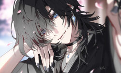 Rule 34 | 1boy, black choker, black hair, black kimono, black nails, blue eyes, blue gemstone, blurry, cherry blossoms, choker, closed mouth, commentary, depth of field, ear piercing, earrings, english commentary, eyeshadow, falling petals, fang, gem, grey eyeshadow, hair over one eye, head rest, head tilt, highres, indie utaite, japanese clothes, jewelry, kanishiima, kimono, looking at viewer, makeup, male focus, medium hair, nail polish, necklace, official alternate costume, petal on head, petals, piercing, reaching, reaching towards viewer, signature, solo, unnamed (utaite), utaite