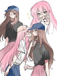 Rule 34 | 2girls, 4711 (xx), bang dream!, bang dream! it&#039;s mygo!!!!!, baseball cap, black shirt, blue eyes, blue hat, blue skirt, breasts, brown hair, chihaya anon, closed mouth, commentary, eye contact, glasses, grey eyes, hashtag-only commentary, hat, highres, long hair, looking at another, multiple girls, nagasaki soyo, nail polish, open mouth, pink hair, pink nails, pink skirt, shirt, shirt tucked in, short sleeves, simple background, skirt, small breasts, sparkle, teeth, upper teeth only, white background, white hat, white shirt, yuri