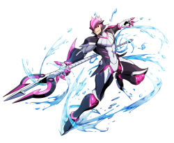 1boy armor azure_striker_gunvolt black_sclera colored_sclera helmet nimrod_(gunvolt) official_art pink_eyes pink_hair polearm trident water weapon