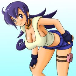 Rule 34 | 1girl, bent over, blush, breasts, choker, cleavage, covered erect nipples, crop top, duel masters, earrings, fingerless gloves, gloves, hand on own hip, hand on own knee, highres, jewelry, large breasts, long hair, looking at viewer, midriff, non-web source, purple eyes, purple hair, shiny skin, shorts, smile, solo, tank top, tasogare mimi, thigh strap, tsumitani daisuke