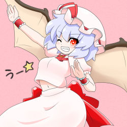 Rule 34 | 1girl, ;d, ascot, bat wings, blue hair, breasts, fang, female focus, grin, hat, midriff, navel, one eye closed, open mouth, pink background, puffy short sleeves, puffy sleeves, red eyes, remilia scarlet, short hair, short sleeves, smile, solo, star-shaped pupils, star (symbol), symbol-shaped pupils, touhou, uu~, wings, wink, wristband, yamato damashi