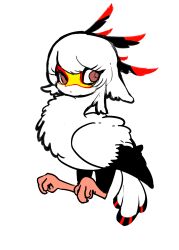 Rule 34 | 1other, bird, brown eyes, chibi, closed mouth, commentary request, feather hair, feathers, full body, highres, human head, looking at viewer, metamon1996, original, secretarybird, short hair, simple background, solo, white background, white feathers, white hair