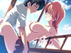 Rule 34 | 1boy, 1girl, arched back, black hair, blush, breasts, clothed sex, cloud, couple, day, dutch angle, eye contact, fence, game cg, glasses, hetero, ichinose kyou, imitation lover, izumi mahiru, jewelry, kurusu itsuki, large breasts, leg lock, long hair, looking at another, miniskirt, necklace, nipples, open mouth, orange hair, outdoors, pleated skirt, sex, short hair, skirt, sky, sweat, thighs, topless
