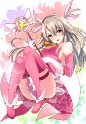 Rule 34 | 1girl, abi (abimel10), armpits, boots, breasts, dress, elbow gloves, fate/kaleid liner prisma illya, fate (series), feather hair ornament, feathers, gloves, hair between eyes, hair ornament, holding, holding wand, illyasviel von einzbern, kaleidostick, long hair, looking at viewer, magical girl, magical ruby, pink dress, pink feathers, pink footwear, pink gloves, pink thighhighs, prisma illya, red eyes, small breasts, smile, solo, thigh boots, thighhighs, two side up, wand, white gloves, white hair