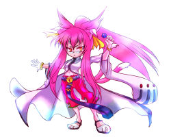 Rule 34 | 1girl, animal ears, arc system works, bad id, bad pixiv id, bell, belt, blazblue, bracelet, candy, capri pants, cat ears, cat tail, food, full body, glasses, jewelry, kinpo27, kokonoe (blazblue), lollipop, long hair, navel, pants, pince-nez, pink hair, ponytail, red pants, shoes, sleeves past wrists, slit pupils, solo, tail, white background, yellow eyes