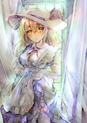 Rule 34 | 1girl, absurdres, blonde hair, bow, breasts, curtains, dress, elbow gloves, gloves, hair between eyes, hat, highres, kamu kotan, kana anaberal, looking to the side, painting (medium), short sleeves, solo, touhou, touhou (pc-98), traditional media, watercolor (medium), white gloves, yellow eyes
