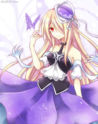 Rule 34 | 10s, 1girl, 2014, artist name, bad id, bad pixiv id, bare shoulders, blonde hair, bug, butterfly, chisa, choker, dated, dress, hair over one eye, hat, insect, long hair, moon, pandora (p&amp;d), puffy short sleeves, puffy sleeves, puzzle &amp; dragons, red eyes, red moon, short sleeves, simple background, smile, solo, white background
