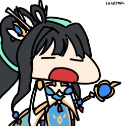 Rule 34 | 1girl, animated, animated gif, black hair, breasts, cleavage, long hair, lowres, open mouth, ponytail, seseren, sleepy, wand, yawning