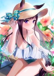 Rule 34 | 1girl, animal ears, aqua one-piece swimsuit, aqua ribbon, bare shoulders, blurry, blurry background, blush, breasts, brown hair, brown hat, cleavage, closed mouth, collarbone, commentary request, depth of field, ears through headwear, hair ribbon, halterneck, hand up, hat, highres, horse ears, horse girl, horse tail, light particles, long hair, looking at viewer, medium breasts, mejiro dober (umamusume), mikazuki mika, one-piece swimsuit, purple eyes, ribbon, sitting, solo, sun hat, swimsuit, tail, umamusume