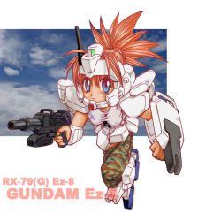 Rule 34 | 1girl, ez-8 gundam, gun, gundam, gundam 08th ms team, gundam ez8, machine gun, mecha musume, red hair, shield, solo, tank top, weapon