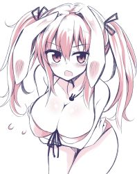 Rule 34 | 1girl, alternate hairstyle, animal ears, bare shoulders, bikini, blush, breasts, rabbit ears, cleavage, collarbone, crossed arms, front-tie bikini top, front-tie top, hair ribbon, highres, jewelry, large breasts, leaning forward, long hair, maturiuta sorato, monochrome, necklace, open mouth, reisen udongein inaba, ribbon, simple background, sketch, solo, swimsuit, touhou, twintails, white background