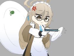 Rule 34 | 1girl, :&gt;, akane (blue archive), anger vein, apron, black dress, blue archive, blue necktie, brown eyes, brown hair, center frills, dress, frills, glasses, grey background, gun, halo, handgun, highres, holding, holding gun, holding plate, holding weapon, kutsusama, long hair, long sleeves, maid apron, necktie, pistol, plate, shaded face, shawl, simple background, solo, stain, upper body, weapon