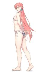 Rule 34 | 1girl, akashi (kancolle), arm behind back, barefoot, bikini, breasts, from side, green eyes, hair between eyes, hair ribbon, highres, kantai collection, long hair, medium breasts, open mouth, pink hair, ribbon, side-tie bikini bottom, silver bikini, simple background, solo, swimsuit, toes, tress ribbon, white background, yuuji (and)
