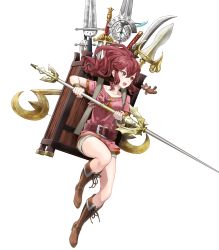Rule 34 | 1girl, anna (fire emblem), backpack, bag, boots, brown footwear, charm (object), female focus, fire emblem, fire emblem awakening, fire emblem heroes, full body, high heel boots, high heels, highres, holding, holding polearm, holding spear, holding weapon, kaya8, knee boots, long hair, matching hair/eyes, nintendo, official art, open mouth, polearm, ponytail, red eyes, red hair, short sleeves, shorts, solo, spear, sword, transparent background, weapon