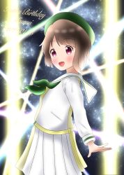 Rule 34 | 1girl, absurdres, artist name, artist request, asymmetrical sleeves, belt, beret, blush, breasts, brown hair, buttons, cloud, collarbone, dress, dress shirt, female focus, floating hair, green hat, green neckerchief, grey hair, hat, highres, layered skirt, light beam, light brown hair, long sleeves, looking at viewer, love live!, love live! nijigasaki high school idol club, love live! school idol festival, miniskirt, mirai harmony, mismatched sleeves, nakasu kasumi, neckerchief, night, night sky, outdoors, outstretched arms, parted lips, pink eyes, plaid, plaid skirt, pleated, pleated skirt, purple eyes, sailor collar, sailor dress, shirt, short hair, skirt, sky, small breasts, smile, solo, spread arms, star (sky), striped clothes, striped skirt, two-tone dress, two-tone skirt, wavy hair, white sailor collar, white shirt, white skirt, yellow belt, yellow shirt, yellow skirt
