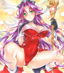 Rule 34 | 1girl, angela (seiken densetsu 3), artist name, at classics, bare legs, black footwear, black gloves, blush, breasts, cameltoe, cleavage, cleft of venus, closed mouth, covered navel, crown, gloves, green eyes, hair between eyes, holding, holding staff, large breasts, leotard, long hair, looking at viewer, pointy ears, purple hair, red leotard, sample watermark, seiken densetsu, seiken densetsu 3, shoes, smile, solo, squatting, staff, traditional media, very long hair, watermark