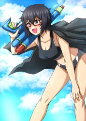 Rule 34 | 1girl, bikini, black bikini, black eyes, black hair, blue sky, breasts, cloud, cloudy sky, commentary, day, girls und panzer, glasses, hand on own knee, haori, highres, holding, holding water gun, japanese clothes, leaning forward, looking to the side, medium breasts, medium hair, messy hair, omachi (slabco), open mouth, oryou (girls und panzer), outdoors, over shoulder, red-framed eyewear, semi-rimless eyewear, short ponytail, sky, smile, solo, standing, super soaker, swimsuit, under-rim eyewear, water gun, weapon, weapon over shoulder
