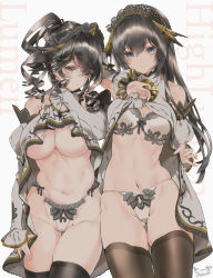 Rule 34 | 2girls, black hair, blush, bra, breasts, character request, cleavage, clothes lift, detached sleeves, dress, dress lift, eyebrows hidden by hair, fantasy earth zero, grey eyes, hair between eyes, hand on own thigh, highres, holding, holding clothes, holding dress, large breasts, looking at viewer, medium breasts, multiple girls, navel, panties, smile, thighhighs, tooka, underboob, underwear, white bra, white panties