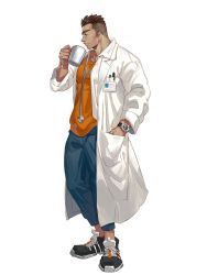Rule 34 | 1boy, absurdres, brown hair, card (medium), coat, cup, doctor, hand in pocket, highres, looking to the side, male focus, manly, mature male, muscular, muscular male, original, pants, pectorals, pen, scar, scar on face, scar on nose, selkiro, shirt, short hair, simple background, snickers (brand), solo, spiked hair, t-shirt, thick eyebrows, undercut, watch, white background
